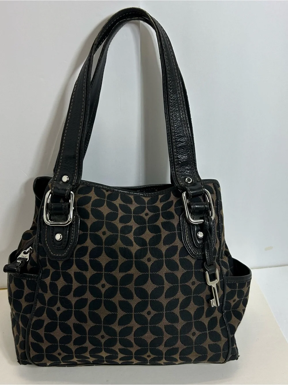 Fossil Canvas Geometric Tote shoulder bag purse double handle Key bag charm
